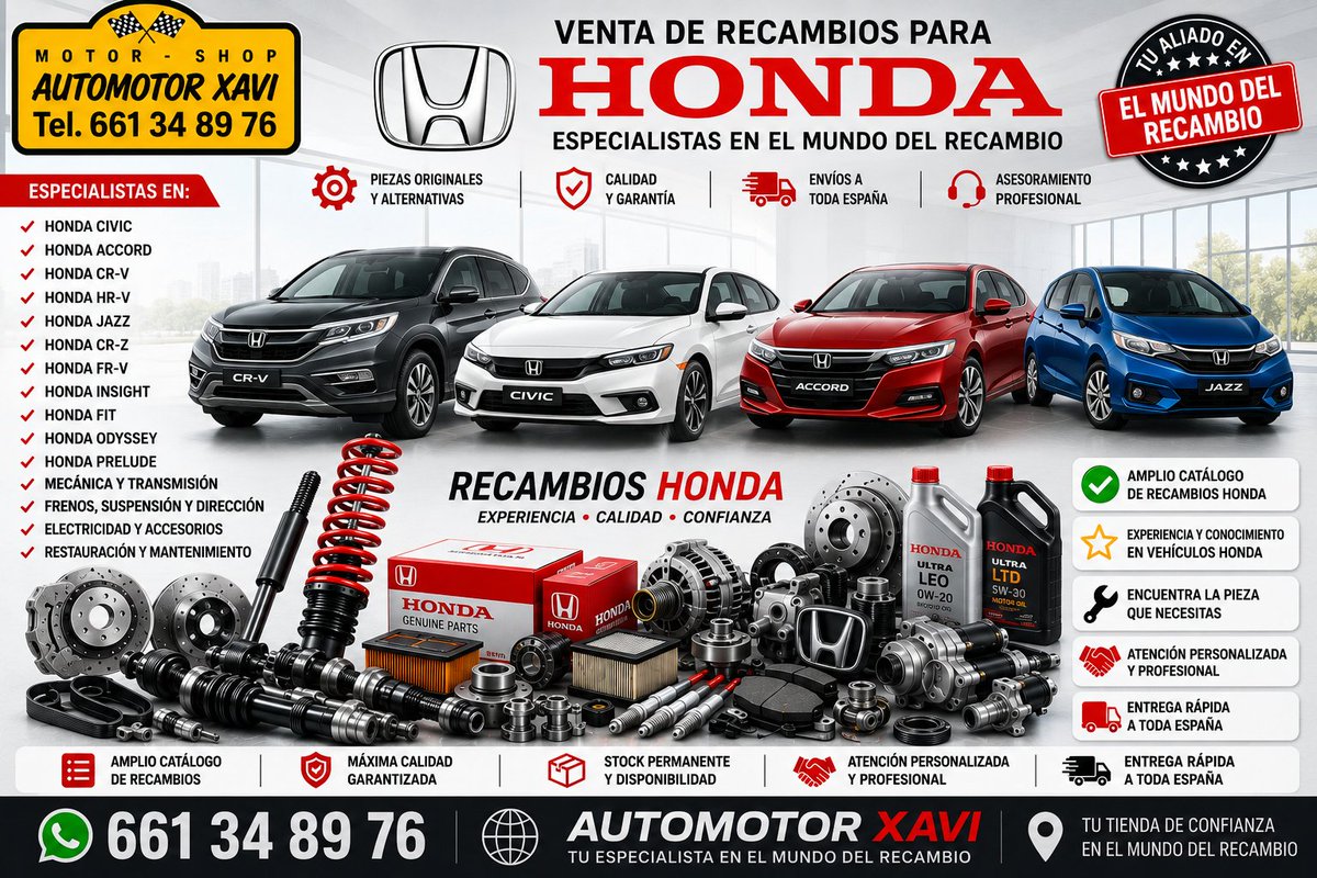 AUTOMOTORXAVI's tweet photo. Recambios nuevos para HONDA. Mecánica, refrigeración, combustible, escape, filtros, embrague, cambio, frenos, transmisión, dirección, ejes, electricidad, motor arranque, alternador, iluminación, carrocería, etc. #automotorxavi #recanvis #recambios #repuestos #taradell #honda https://t.co/ciEqNszv8E