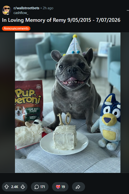SaxOnchain's tweet photo. a popular dog that was often featured in wallstreetbets just passed away. everyone is paying their respects as he was a viral sensation in WSB for years.  we're currently in animal meta, instead of sending "RIP Remy"  lets immortalize remy 😍 
https://t.co/znIf2vDBq2 https://t.co/N4nohjbNUm
