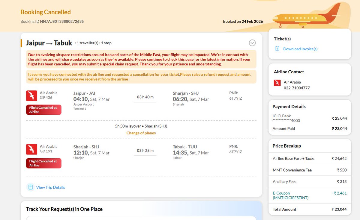 Hakeemiyat's tweet photo. @makemytrip @makemytripcare. My flight was cancelled by the airline due to airspace issues. Air Arabia provided written proof they refunded ₹24,392 back to MMT on April 2nd, yet you only refunded me ₹1,750! Why are you holding my money?
Booking ID: NN7AJS0T33880272635
#MMT https://t.co/COQnCxoi0S