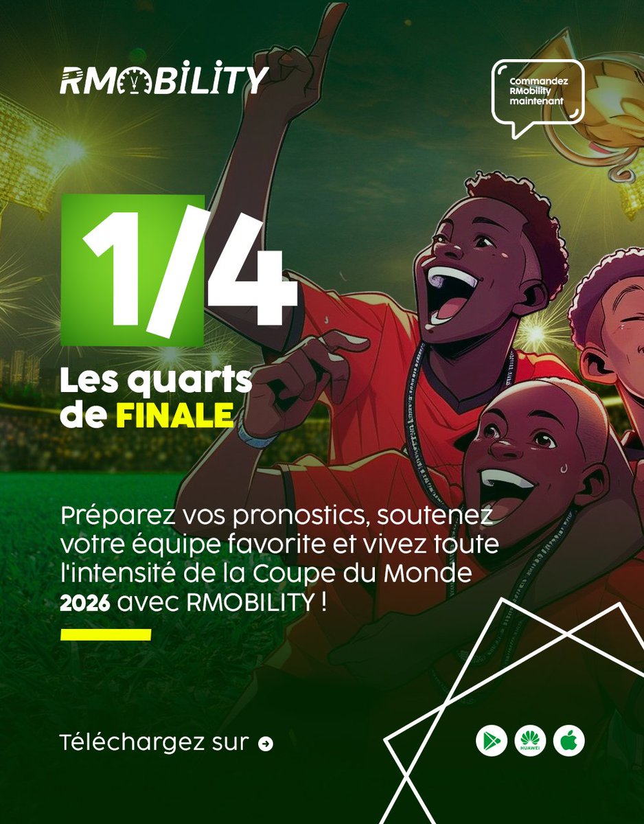 RMobility001's tweet photo. 🚨🏆 LES QUARTS DE FINALE COMMENCENT CE JEUDI ! ⚽🔥

Les choses sérieuses débutent ! Les meilleures nations sont encore en lice et chaque match sera une véritable bataille pour une place en demi-finale.

#CoupeDuMonde2026 #QuartsDeFinale #Football #MatchDuJour  #RMOBILITY https://t.co/BtzKB6hZH8