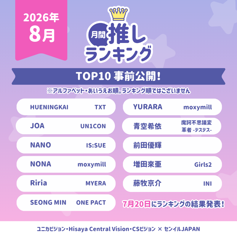 birthday_ad_jp's tweet photo. ／
2026年 #月間推しランキング 「8月の推し」☀️
ランキングTOP10入りを事前発表📜✨
＼

月間推しランキングへの投票ありがとうございました🙇‍♀️

順位発表前に、見事TOP10入りを果たした推しを事前公開🌟（ランキング順ではございません）

結果は、
7月20日〜　新宿ユニカビジョン・福岡CSビジョ・Hisaya Central Vision
で放映しますのでお楽しみに！

2026年月間推しランキング「8月の推し」の特典の詳細はこちら！👇
https://t.co/cLvhmiadsh