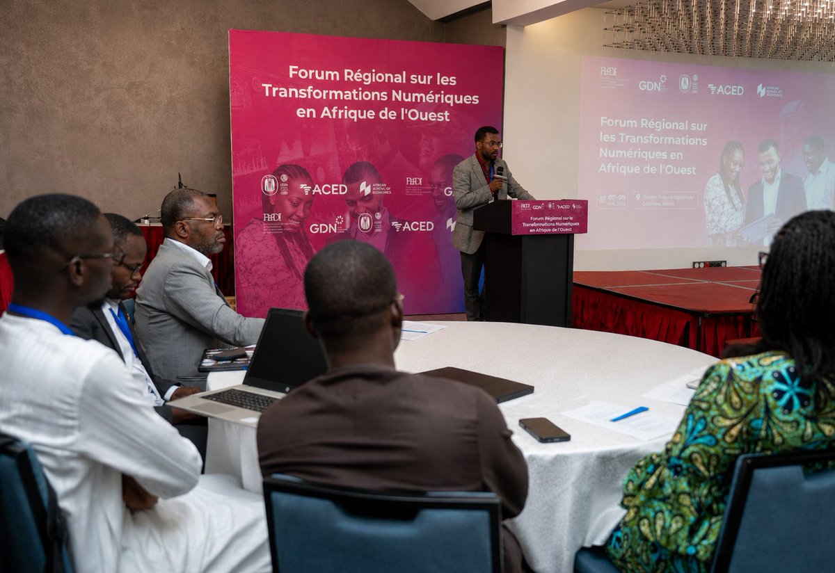 GDNint's tweet photo. 🌍 Day 1 of the West African Digital Transformation Forum in Cotonou, Benin, brought together researchers, think tanks, and policymakers to discuss how research can support more inclusive digital transformation across the region.

Six research consortia, established through the West Africa Digital Governance Research Agenda process, presented proposals focused on digital inclusion, reducing inequalities, context-sensitive indicators, and conceptual frameworks to shape the region's digital agenda.

The conversation moved beyond asking how West Africa can catch up with or compete in digital innovation, towards identifying the priorities that the region can bring to the global digital agenda. Participants also stressed that research must go beyond generating evidence. It should help tackle today's challenges, inform policy, and prepare for those ahead. 

Co-hosted by GDN, @FondationFERDI @acedafrica @cerdi and @ASE_Africa. 

@AFD_France