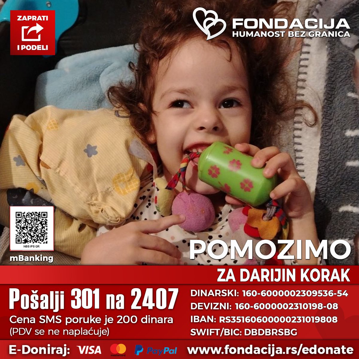 1na2407's tweet photo. 🇷🇸 Pošalji SMS: 301 na 2407
https://t.co/NNlJc2h57q
(link za mobilne)

Daria (2019.) vodi svoju borbu od prvih dana života. Dijagnostikovana joj je cerebralna paraliza (G80), ali uprkos svemu ostaje dete puno hrabrosti, topline i osmeha. Leči se u Beogradu i Banji Koviljači, uz svakodnevne terapije.

Kako možete da pomognete?

🇷🇸 Pošalji SMS: 301 na 2407
https://t.co/NNlJc2h57q
(link za mobilne)

💳 Doniraj karticom: https://t.co/qgyVBKFaLd

🌐 PayPal: info@fondacija.rs
Link: https://t.co/IuFPjjIu11

📲 Skeniraj QR kod i doniraj putem mobilnog telefona - mBanking

Da bi imala šansu za samostalniji i kvalitetniji život, potrebni su joj specijalizovani tretmani i rehabilitacije u inostranstvu.
Svaka vaša donacija i podrška približava Dariju njenom snu — da potrči, da se igra i živi bez ograničenja! ❤️❤️

Retvituj ovu objavu i zaprati nas jer humanost se umnožava kada se deli. 🙏