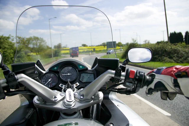 View from a motorcycle rider's perspective.