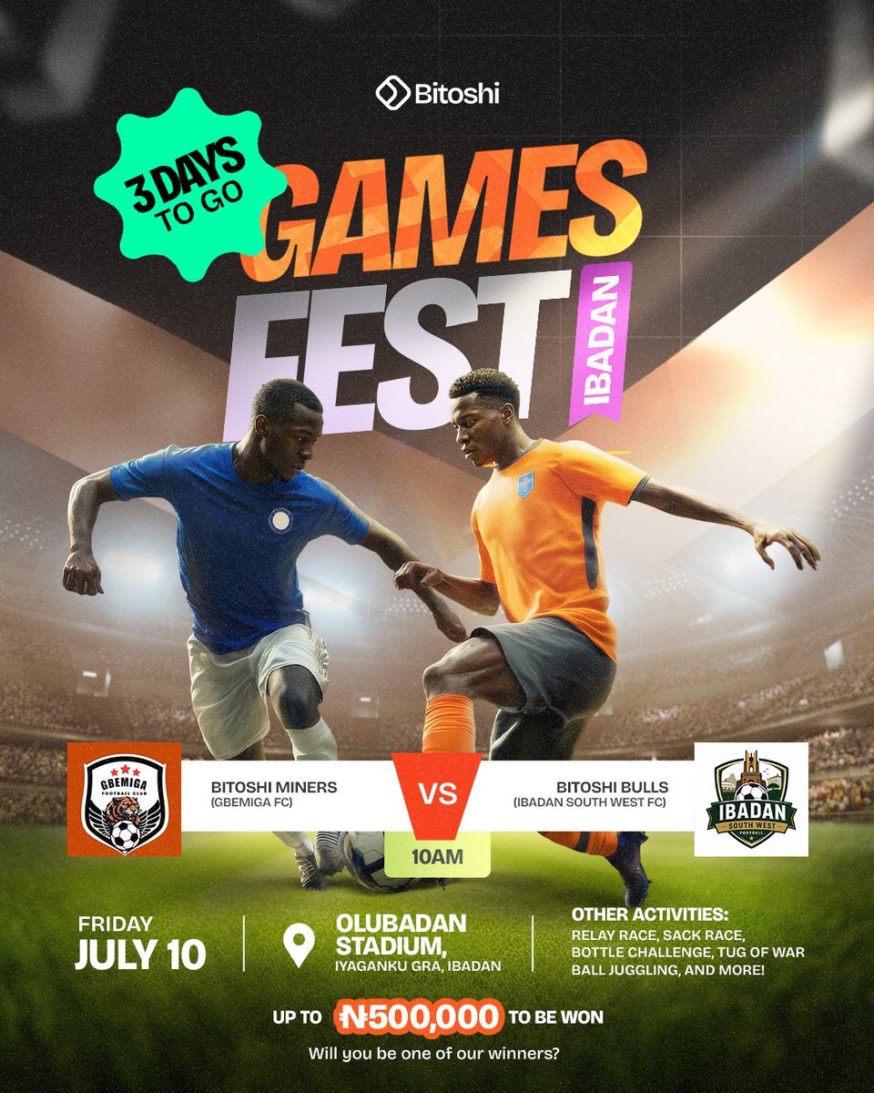 Bitoshiafrica's tweet photo. Whether you're the competitive one, the loud supporter, the content creator chasing viral moments, or just looking for a fun day out, there's something here with your name on it. 

No experience needed. 
No professional athlete required. 
Just show up with energy. 

📍Olubadan Stadium, Iyaganku GRA, Ibadan 
📅 July 10
Play hard, win big.