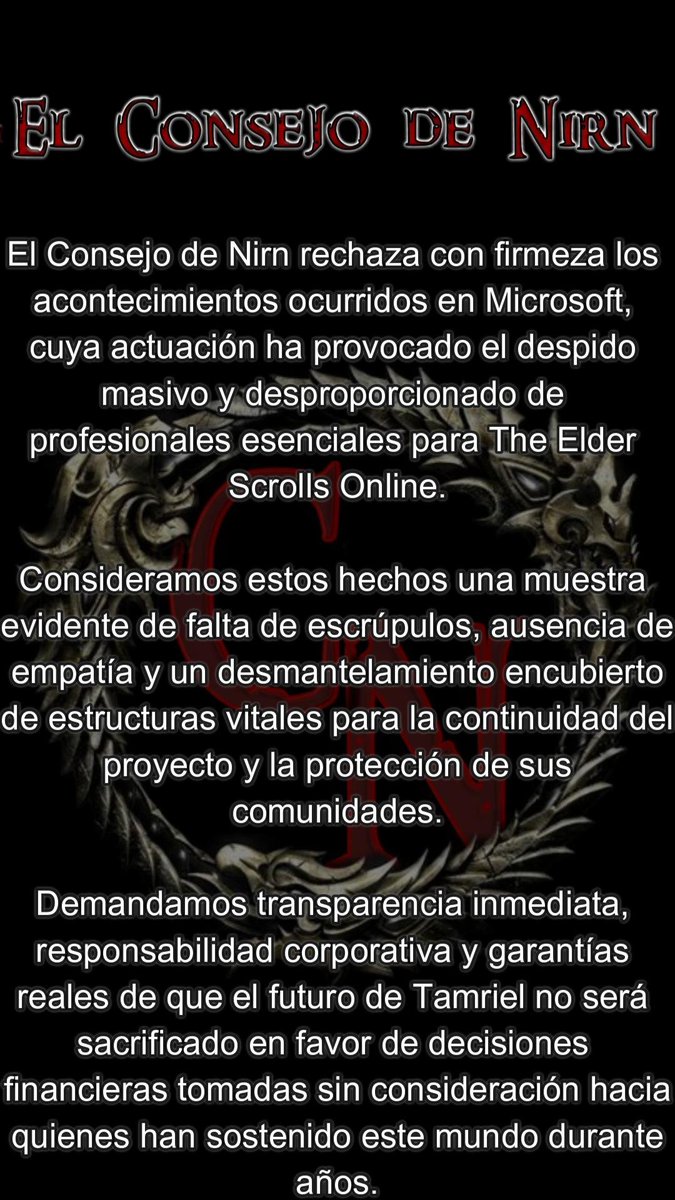 ConsejoDeNirn's tweet photo. Sobre los acontecimientos acaecidos en la esfera corporativa de Microsoft el Consejo de Nirn comunica: 👇👇

#TESOnline #ESOFam https://t.co/VpDr9QW2lT