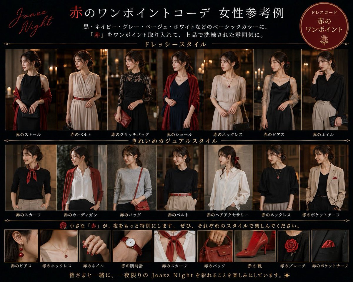 joan711's tweet photo. 7/11(土)「Joazz Night」へお越しくださる皆さまへ。

今回のライブでは、皆さまと一緒にこの夜の空間を作れたらと思い、【赤のワンポイント】をドレスコードとしてお願いしています🌹

お洋服はもちろん、ネクタイ、アクセサリー、バッグ、靴、ネイルなど、小さなワンポイントで大丈夫です☺️

もちろん強制ではありませんので、それぞれのスタイルで楽しんでいただけたら嬉しいです。

皆さまと一緒に作る、一夜限りのJoazz Night🌙

会場がどんな景色になるのか、とても楽しみにしています！