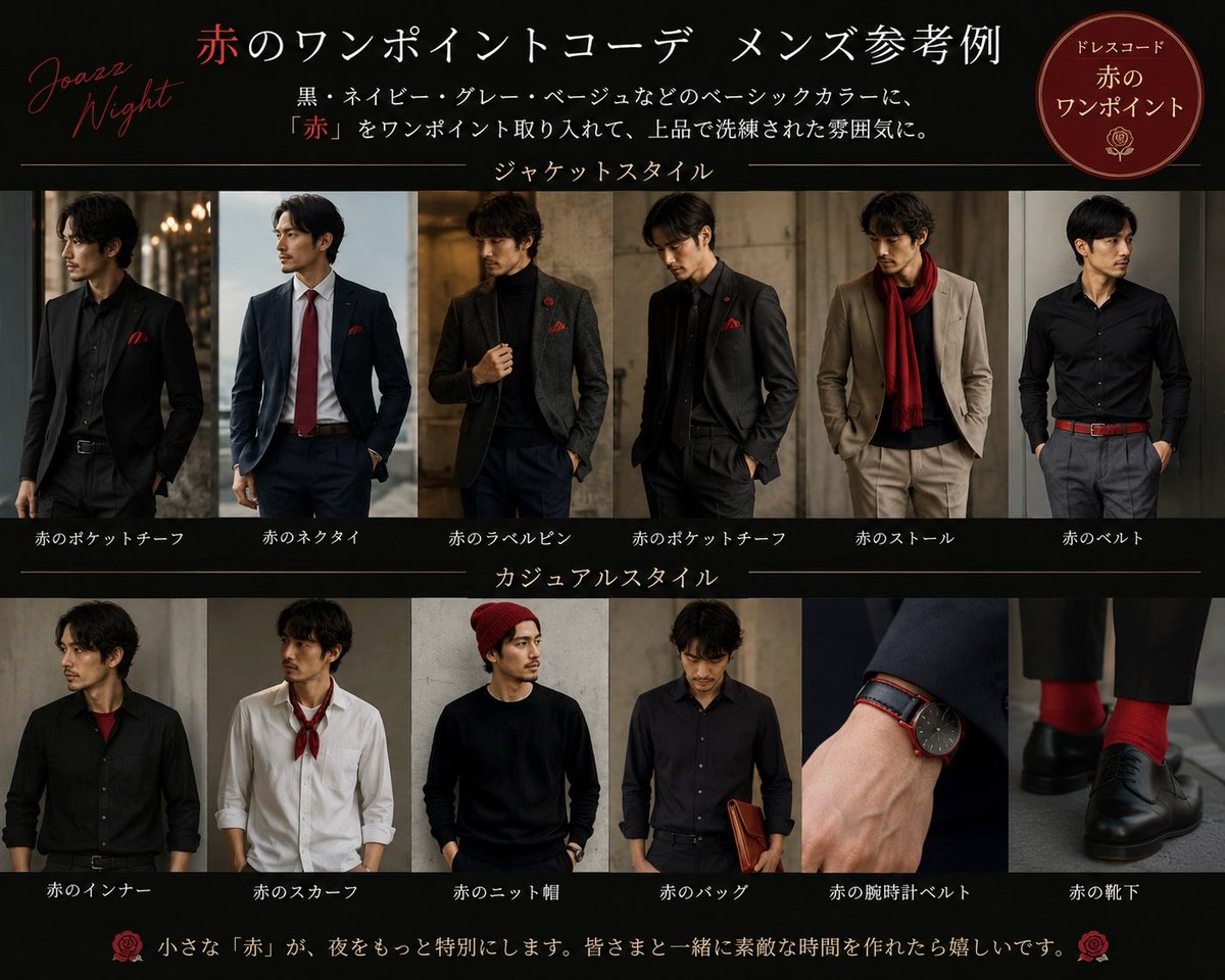 joan711's tweet photo. 7/11(土)「Joazz Night」へお越しくださる皆さまへ。

今回のライブでは、皆さまと一緒にこの夜の空間を作れたらと思い、【赤のワンポイント】をドレスコードとしてお願いしています🌹

お洋服はもちろん、ネクタイ、アクセサリー、バッグ、靴、ネイルなど、小さなワンポイントで大丈夫です☺️

もちろん強制ではありませんので、それぞれのスタイルで楽しんでいただけたら嬉しいです。

皆さまと一緒に作る、一夜限りのJoazz Night🌙

会場がどんな景色になるのか、とても楽しみにしています！
