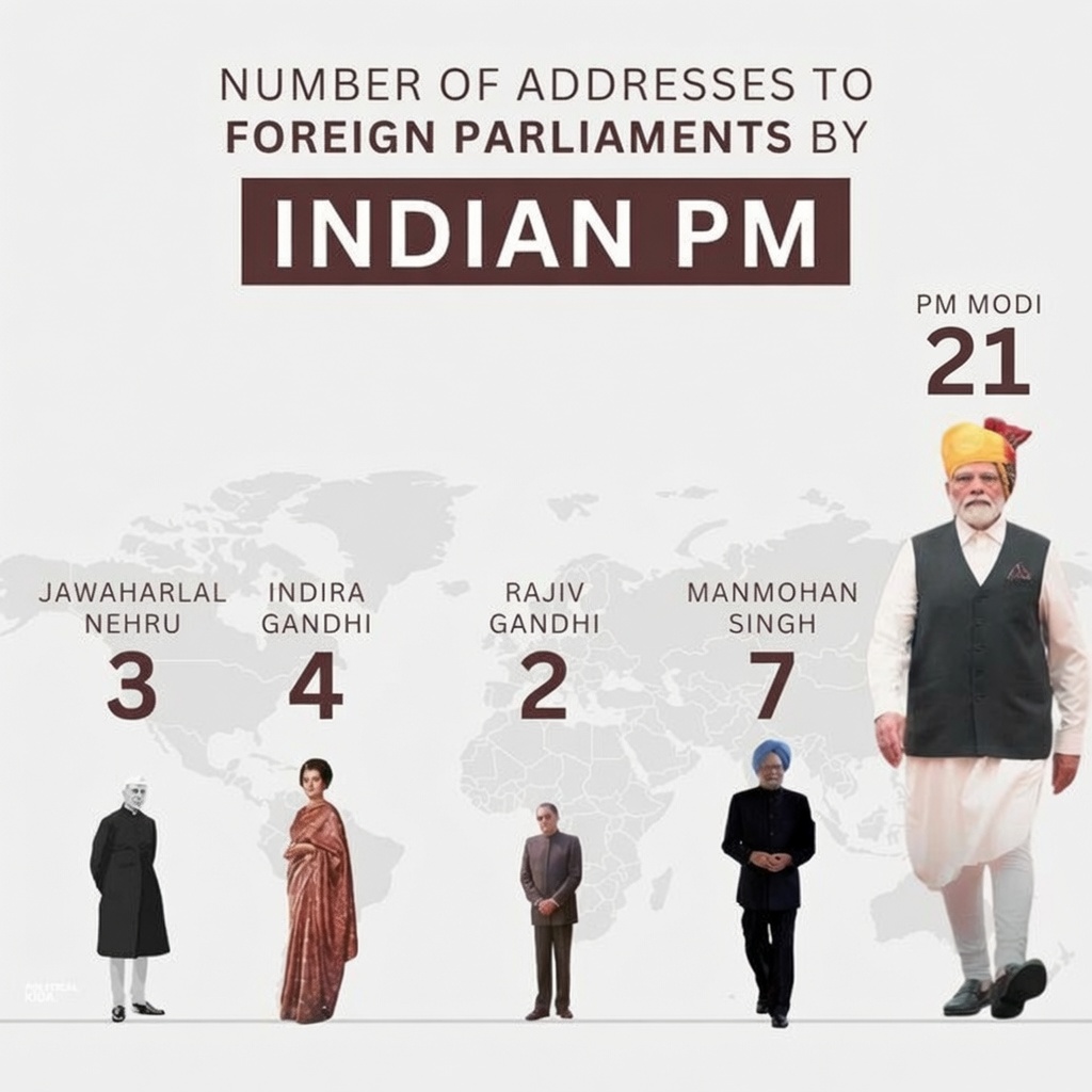 rishibagree's tweet photo. Number of addresses to foreign parliaments by an Indian PM

21 - PM Modi
03 - JL Nehru
04 - Indira Gandhi
02 - Rajiv Gandhi
07 - Manmohan Singh

PM Modi alone = All Congressi PMs https://t.co/Wn8TgLvAgb