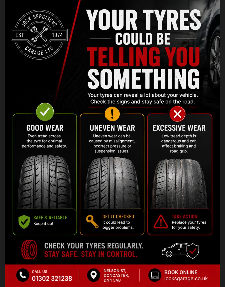 JocksGarage's tweet photo. Your tyres can reveal a lot about your vehicle.

Watch out for:
• Uneven wear
• Low tread depth
• Cracks or damage

Ignoring these signs could affect safety and fuel efficiency.

#TyreSafety #WheelAlignment #CarMaintenance #JocksGarage https://t.co/cQTJucW0FD