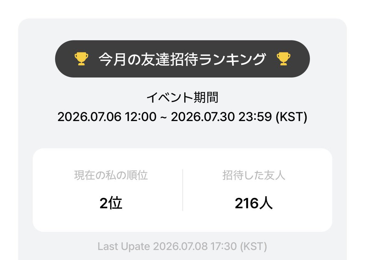LUNE_JP_vote's tweet photo. 【拡散希望】📢

BIGCの登録ありがとうございます🙇‍♀️✨
招待ランキング現在2位です
まだ登録されていない方は、よろしくお願いします🙇‍♀️

招待コード
9NRRKG3GN4

#andTEAM
#LUNÉ_voting https://t.co/9oE2xAnahF
