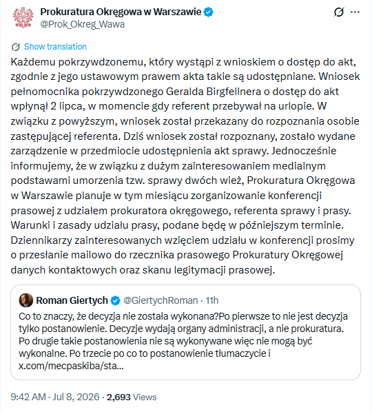 GasewiczJarek's tweet photo. W Prokuraturze Okręgowej w Warszawie mają chyba pożar, bo okoliczności umorzenia śledztwa w sprawie "dwóch wież" Kaczyńskiego budzą wielkie wątpliwości. 
Nie było powodu, żeby tak bardzo śpieszyć się z publicznym ogłaszaniem tego umorzenia. Nie było powodu, żeby zlecać tłumaczenie postanowienia o umorzeniu na język niemiecki. Nie było powodu, żeby odmawiać pełnomocnikom dostępu do akt.
Poza tym, w świetle wcześniejszych publikacji medialnych i upublicznionych nagrań, nie było merytorycznego powodu, żeby umorzyć to śledztwo.
Prokurator Małgorzata Szeroczyńska zrobiła coś dziwnego, zasługuje na ostrą krytykę i musi wyjaśnić czym się kierowała. Niezależność prokuratorska nie obejmuje zgody na działania poza prawem i sprzecznie z twardymi dowodami.
