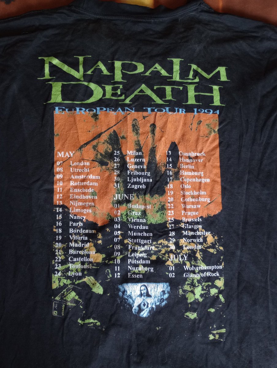 CynicalChilly's tweet photo. My Napalm Death tour tee hides in a draw. June 29th 1994, Norwich Waterfront. 🤘

What a f**kin' night it was. Entombed were supporting. Went with my brother and cousin. I was on a family holiday in Great Yarmouth. We took the bus to Norwich, then dad picked us up afterwards. 🔥 https://t.co/LYDAKevXO0