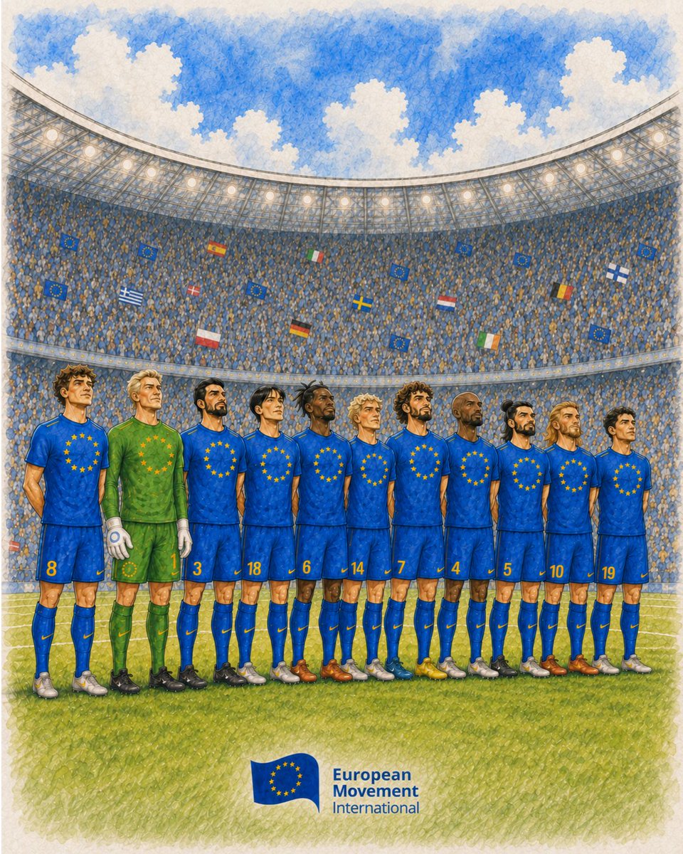 EMInternational's tweet photo. Every team is made up of different players, different strengths, different backgrounds.

Together, that difference becomes strength.

That's Europe.

27 countries. One team. One goal.

Together, we can overcome any obstacle. 💪

#EU #OneTeam 

#WorldCup2026 https://t.co/7fklnilGKz