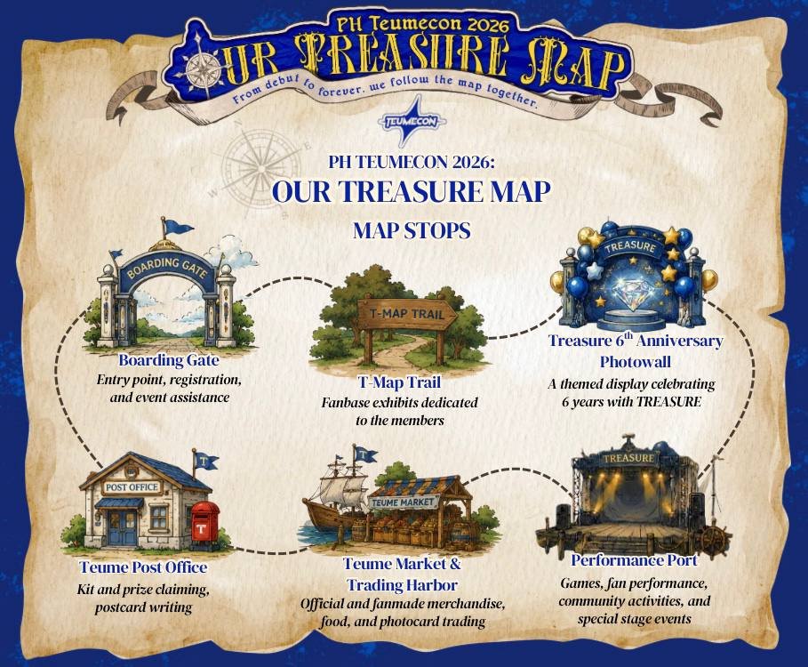 ChillinwithSuk's tweet photo. 🗺️ Ready to explore Our Treasure Map?

Every stop leads to a new TeumeCon memory:

✨ Boarding Gate
✨ T-Map Trail
✨ TREASURE 6th Anniversary Photowall
✨ Teume Post Office
✨ Teume Market & Trading Harbor
✨ Performance Port

Visit the Map Stops, collect your stamps, complete your Treasure Map Passport, and unlock your chance to join the Grand Prize Raffle! 💎

📅 August 31, 2026
📍 Music Hall, SM Mall of Asia

Different routes. One TREASURE.

#PHTeumeCon2026 #OurTreasureMap #TREASURE #트레저