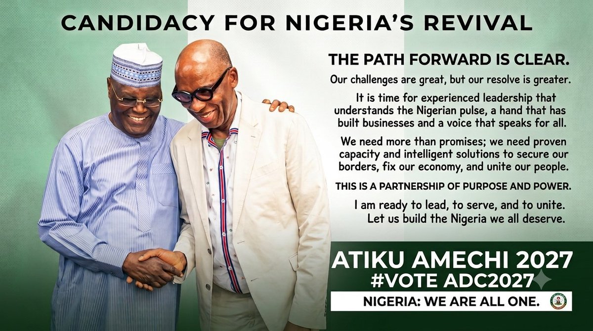 KingOgba96's tweet photo. The Atiku Ameachi ticket remains the only and best combination that can send Tinubu away from aso rock.

With such a competent ticket we will surely get Nigeria working again. https://t.co/C4kDEknd3o