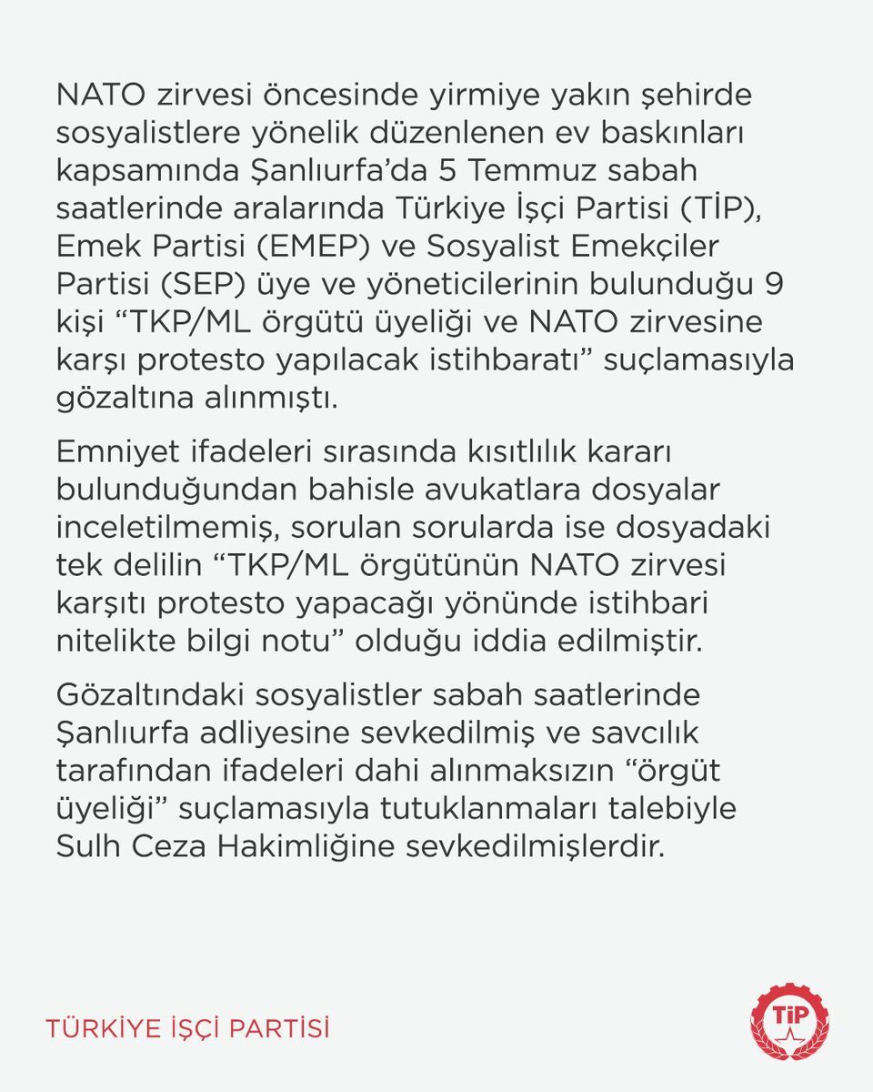 tipgenelmerkez's tweet photo. Katillere kırmızı halılar serilip, sosyalistlere yönelik tutuklama tehditlerini kabul etmiyoruz.

Gözaltına alınan ve tutuklanan herkes derhal serbest bırakılmalıdır. https://t.co/9se3lVABWW