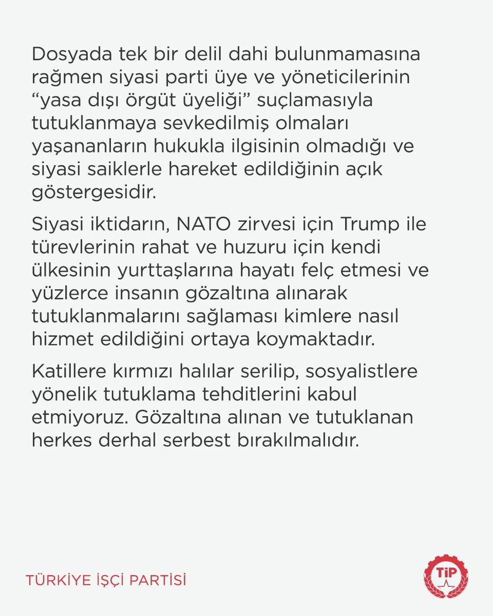tipgenelmerkez's tweet photo. Katillere kırmızı halılar serilip, sosyalistlere yönelik tutuklama tehditlerini kabul etmiyoruz.

Gözaltına alınan ve tutuklanan herkes derhal serbest bırakılmalıdır. https://t.co/9se3lVABWW