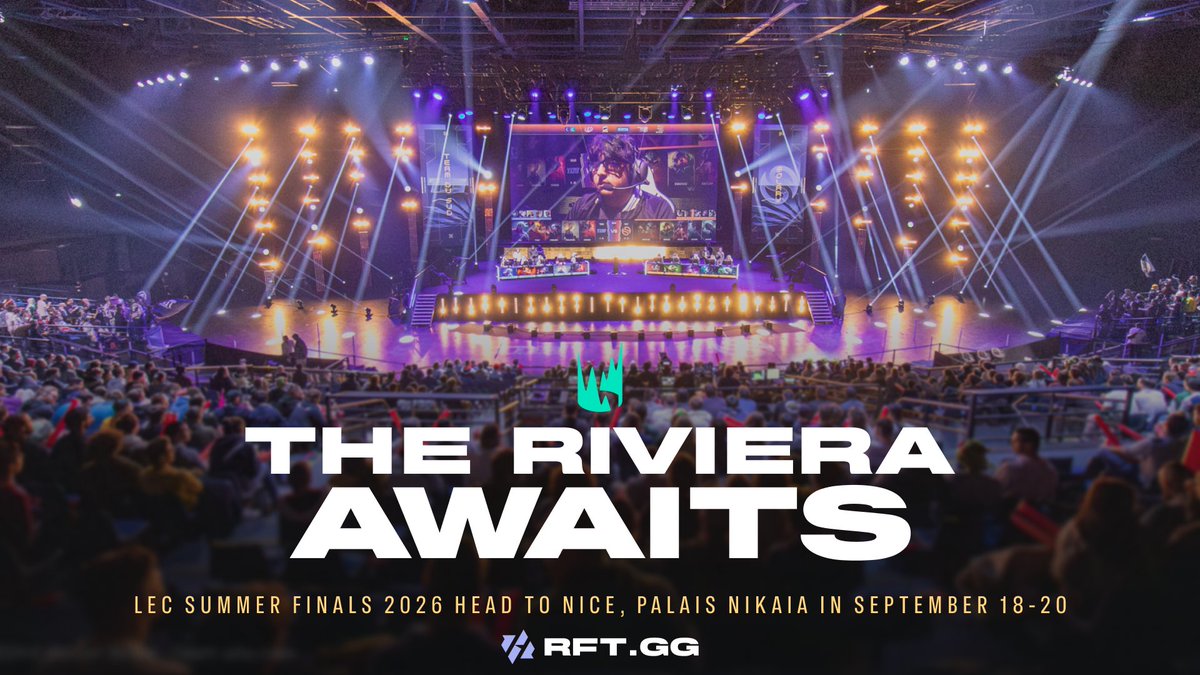 RFTGGlol's tweet photo. [OFFICIAL] #LEC Summer Finals 2026 are heading to Nice, France 🇫🇷

From September 18 to 20 at Palais Nikaïa, three days of best-of-five and  one for the last spot at Worlds 2026.

All details ⬇️ https://t.co/xAdXWl3Fgi