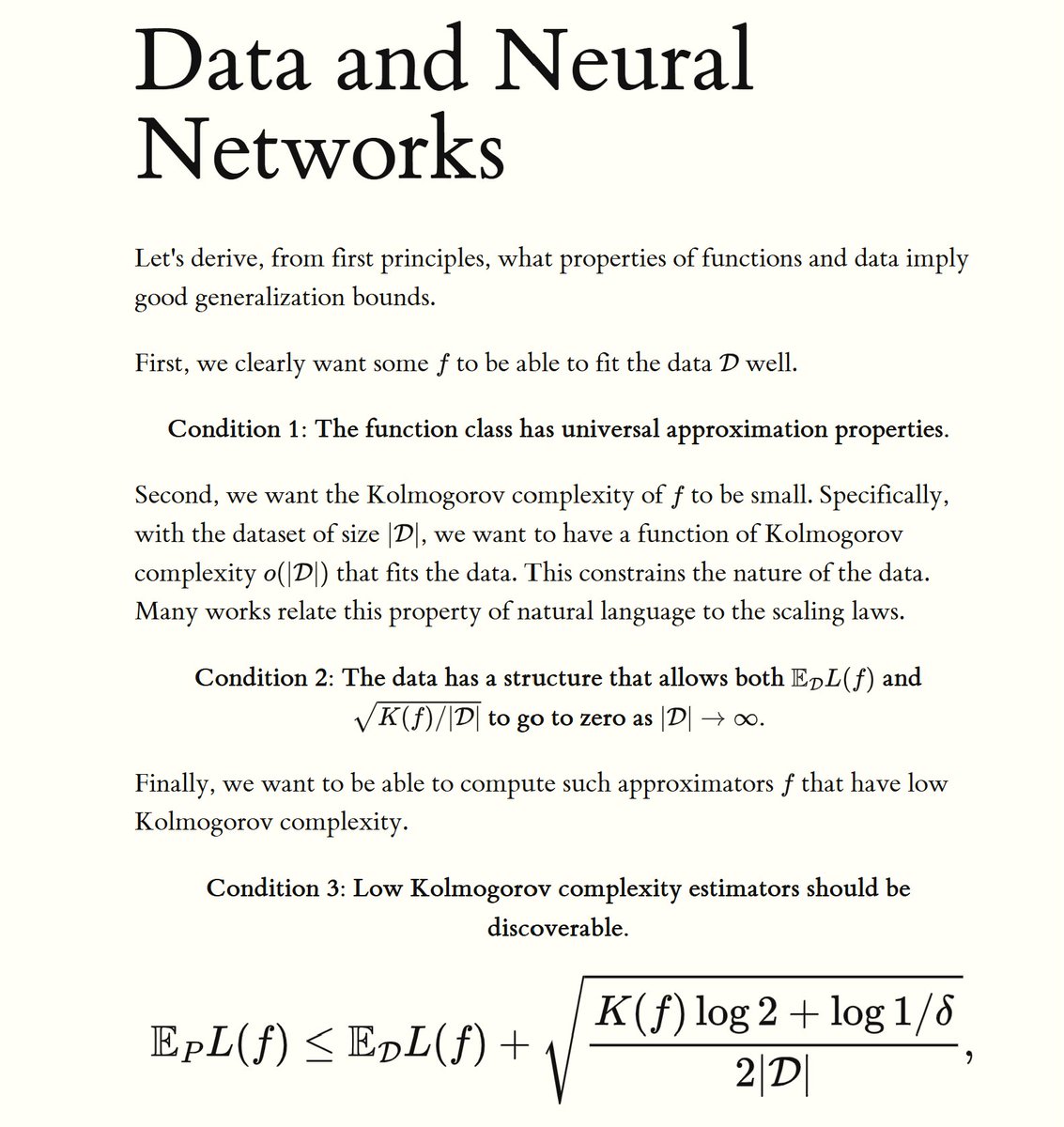 DmitryRybin1's tweet photo. pre-training scaling laws => LLMs generalize on test data

I convinced myself that this implication can be derived without much cheating in math. I suspect this was known to many experts, but I never seen it written down explicitly. https://t.co/n9EPt8xtpY