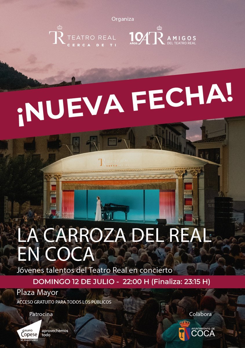 grupocopese's tweet photo. ¡Nueva fecha para una noche inolvidable! | La Carroza del @Teatro_Real llegará a Coca este domingo 12 de julio para celebrar nuestro 50 aniversario! https://t.co/dyogUDPFO0