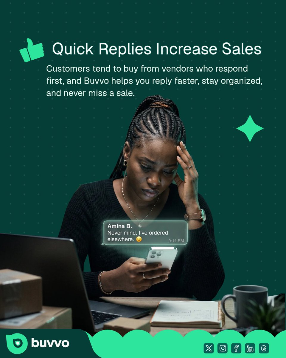 Buvvoapp's tweet photo. One delayed reply can cost you a sale. 

Not because your product wasn’t good enough but because another vendor replied first.

Buvvo is coming soon to help vendors stay organized, reply faster, and stop losing sales in the chaos 🚀

Join the waitlist 💚
#Buvvo #onlinebusiness https://t.co/OSNQdX1DW1