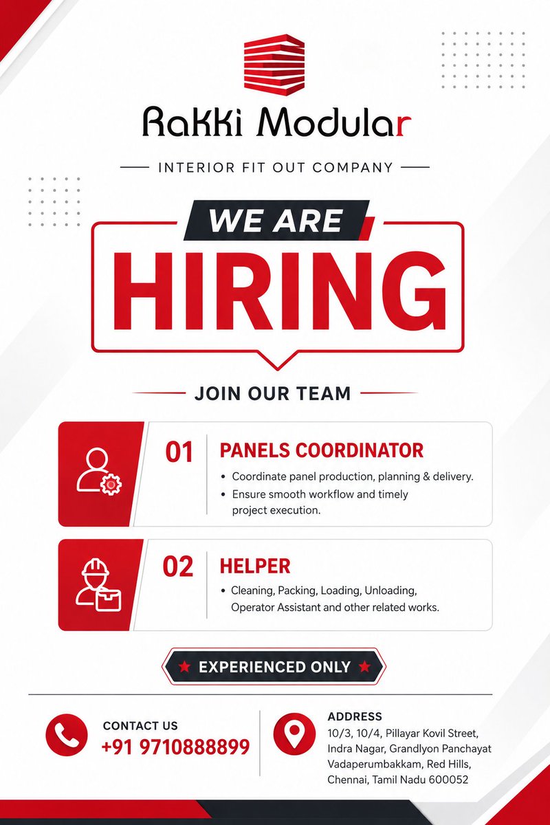 RakkiModular's tweet photo. 🚨 WE'RE HIRING!
Open Positions
Panels Coordinator
Helper (Experienced Candidates Only)
Red Hills, Chennai
+91 97108 88899
If you're passionate, hardworking, and ready to grow with us, we'd love to hear from you!

Apply Now!
#WeAreHiring #JobVacancy #HiringNow #PanelsCoordinator https://t.co/uWyjWeu1lO