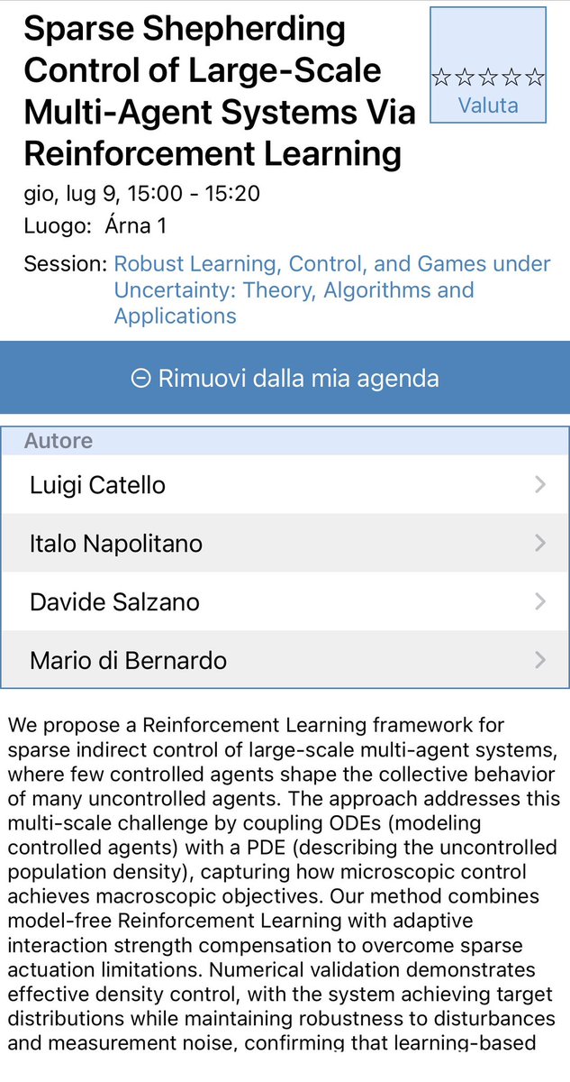 mdiberna's tweet photo. At #ECC2026 in Rejkiavik we present our paper on Sparse Shepherding Control of Large-Scale Multi-Agent Systems via Reinforcement Learning. 

Thu 9 July, 15:00, Árna 1.

w/ Luigi Catello, @ItaloNapo00 @DavideSalzano94

#ControlSystems #MultiAgentSystems
#ECC2026 https://t.co/0ypK5q475H