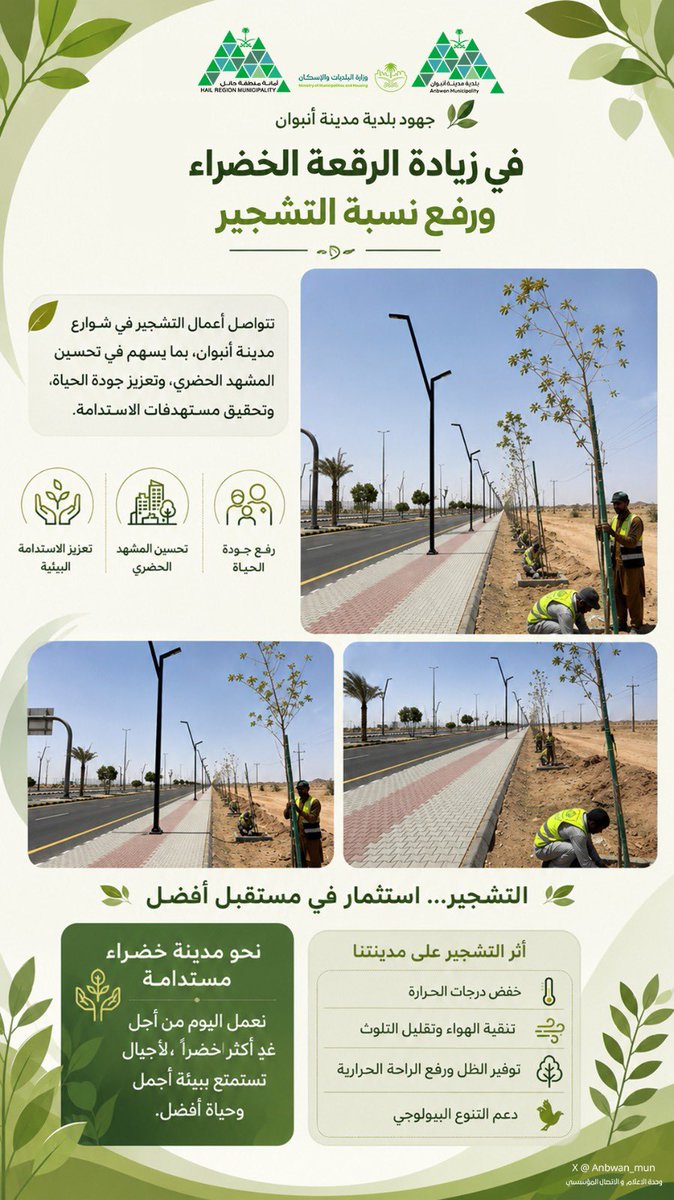 anbwan's tweet photo. تشجير🌲:

🌳 تعمل بلدية مدينة أنبوان على زراعة أكثر من 3,000 شجرة خلال عام 2026م، ضمن جهودها لتعزيز الغطاء النباتي وتحسين المشهد الحضري، بما يسهم في رفع جودة الحياة، وزيادة المساحات الخضراء، وتحقيق الاستدامة البيئية، انسجامًا مع مستهدفات رؤية السعودية 2030.

#بلدية_مدينة_انبوان #أمانة_منطقة_حائل