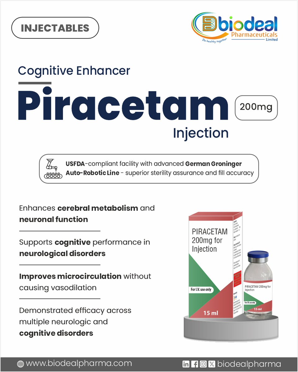 Biodealpharma's tweet photo. Cerebral metabolism. Microcirculation. Cognitive support. 💉
Piracetam 200 mg Injection — Biodeal Paonta Sahib. German Groninger Auto-Robotic Line.

🌐 https://t.co/AaTzniDbA7

#Biodeal #Piracetam #CDMOIndia #SterileManufacturing https://t.co/SK4BvpLC4U