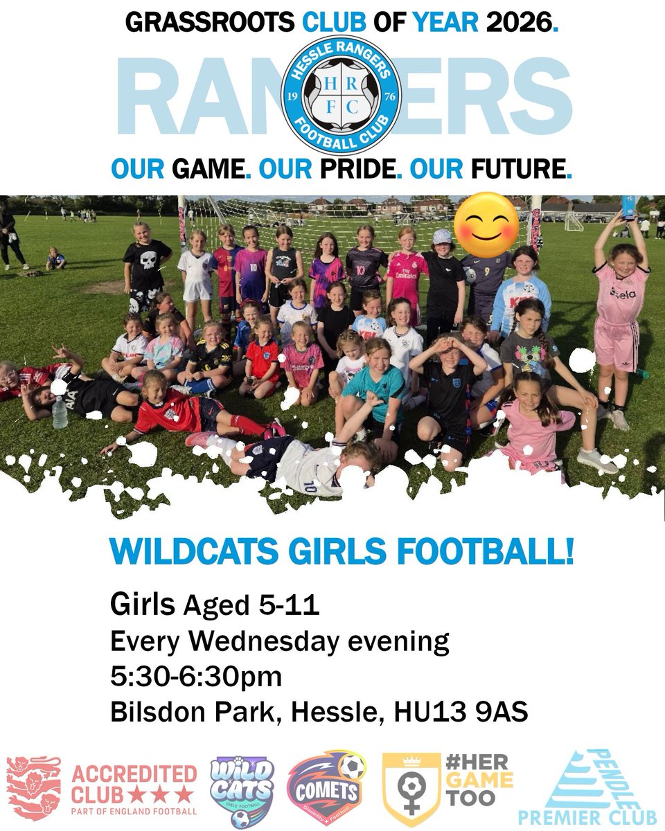 HessleRangers's tweet photo. Hessle Rangers Wildcats #GIRLSFOOTBALL centre is BACK tonight 5:30-6:30pm. Ages 5-11. New players always welcome! 

Play football. Make friends. Have fun! 

🌏 Bilsdon Park, Beverley Road, Hessle, HU13 9AS 
💰£2 (First session is FREE!)

🩵🤍 #UTR #OurGameOurPrideOurFuture https://t.co/NFOLnXV9TE