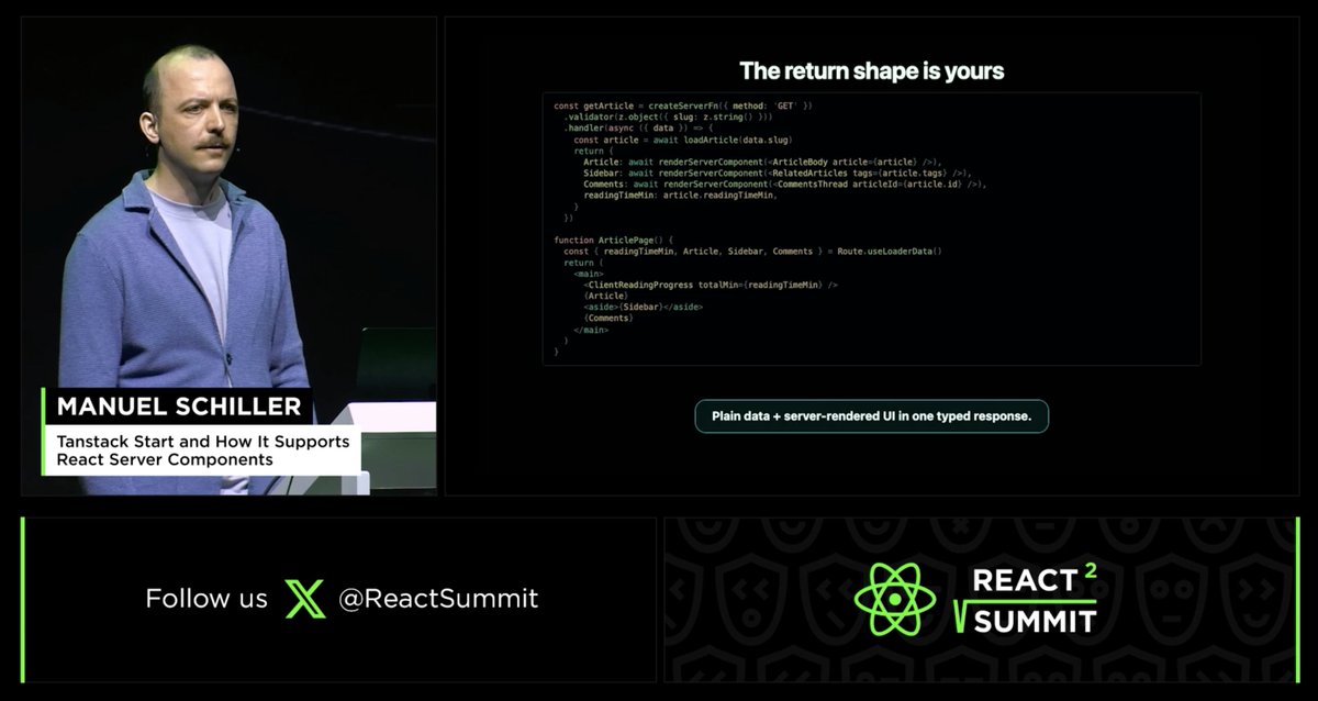 ReactSummit's tweet photo. 🧩 TanStack Start and How It Supports React Server Components.

@schanuelmiller shows how TanStack Start turns RSC into data — fragments the client can cache and compose via TanStack Router and Query, no separate caching model needed.

🎥 Full recording: https://t.co/nHY7ph4lM6 https://t.co/oj5A8THHeW