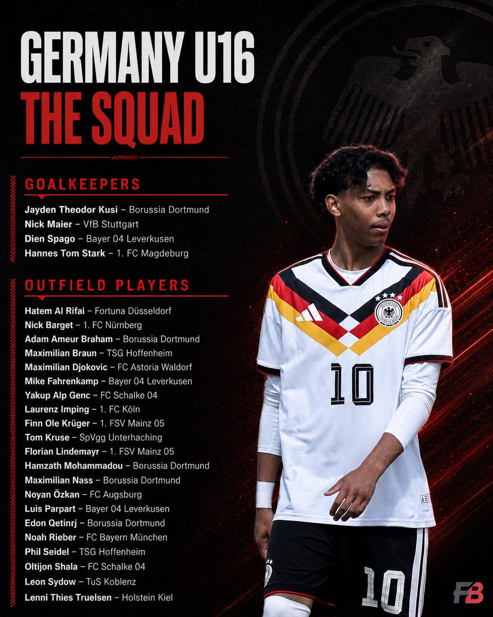 FutureBallersDE's tweet photo. Germany U16 announce their squad for the training camp in Leipzig from August 31 to September 3. 🇩🇪

Borussia Dortmund are the most represented club with 5 call-ups, followed by Bayer Leverkusen with 3.

Hamzath Mohamadou returns to the squad after recovering from an ankle ligament injury.
#germanyu16 #bvb #fcb #b04 #germany