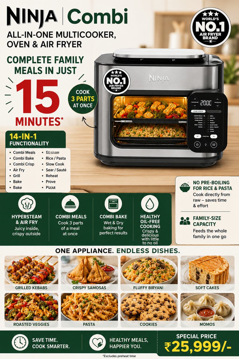 khasnis1981's tweet photo. Tired of Using 4 Appliances for 1 Meal? Ninja Combi Solves It in 15 Minutes 🍗✨
BUY NOW: https://t.co/nYub5E1dfc
#NinjaCombi #AirFryerIndia #Multicooker #KitchenUpgrade #HealthyCooking #QuickMeals #FamilyMeals #OilFreeCooking #SmartKitchen #HomeCooking https://t.co/MlNnnrG4K3
