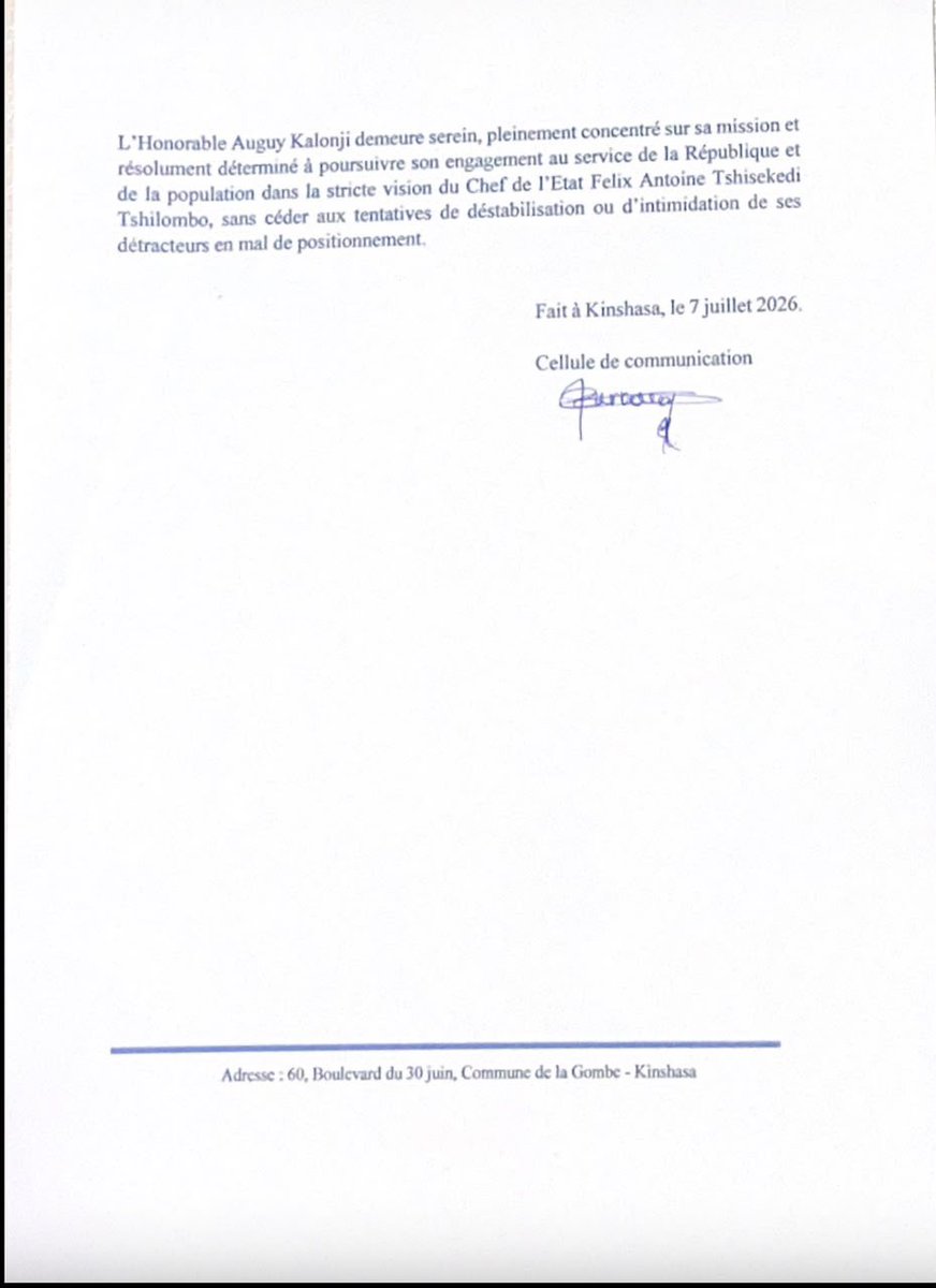 pascal_mulegwa's tweet photo. #RDC 🇨🇩 : Un complot contre le député national @KalonjiAuguy3 ?  Son cabinet fait état ce matin des preuves que « certaines personnes envisageraient de faire déposer frauduleusement des armes à feu au domicile » de l’élu de Kinshasa « dans le but de mettre en œuvre un plan de déstabilisation à son encontre. ». 

« Les auteurs, leurs complices ainsi que toute personne impliquée dans ces manœuvres » mis en garde. 

La justice a été saisie. Ils « assumeront personnellement les conséquences de leurs actes » car « nul n’est au-dessus de la loi.

La même source parle d’allégations et accusations « totalement infondées » et ne reposant sur « aucun élément crédible » qui sont véhiculées dans le cadre d’une campagne de diffamation.