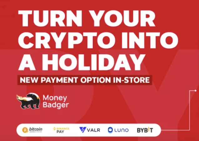 MoneyBadgerPay's tweet photo. Turn Your Crypto Into A Holiday! 
Pay for flights, holidays, cruises and more using your Bitcoin or crypto wallet at any @FlightCentreRSA store: 
https://t.co/UduqCeAinY #travelnews #bitcoinlightning https://t.co/qRUO22sPTY