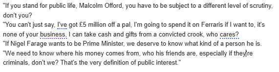 conor_matchett's tweet photo. A massive round of applause for @mmgeissler's skewering of the arguments around Nigel Farage's demands for special treatment around his £5million gift

Malcolm Offord's response? "I agree with all that. I agree that he's chosen that life and I agree with the scrutiny." https://t.co/KgqzBYTjGw