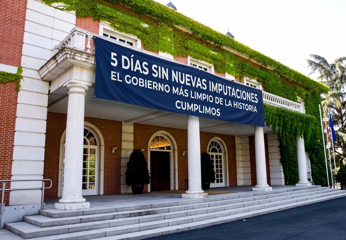 LosMeconios's tweet photo. 🔴 ÚLTIMA HORA | El Gobierno celebra que lleva 5 días sin nuevas imputaciones desplegando una gran pancarta en Moncloa. "Es difícil, pero esperamos llegar a la semana sin imputaciones. Este Gobierno cumple", ha declarado Pedro Sánchez.