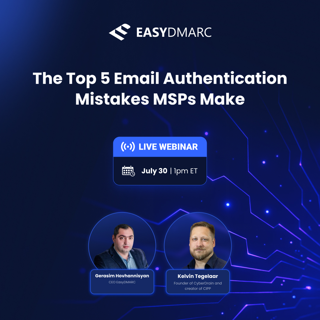 easydmarc's tweet photo. 📈Managing email authentication across multiple client environments isn't just about publishing SPF, DKIM, and DMARC records. As clients adopt new cloud services, marketing platforms, and third-party email providers, maintaining a healthy authentication posture becomes increasingly complex.

SPF limits, DKIM misalignment, and clients remaining at p=none because enforcement feels too risky are challenges many MSPs encounter. Left unresolved, they can affect both email security and deliverability.

Join Gerasim Hovhannisyan, CEO and Co-Founder of EasyDMARC, and Kelvin Tegelaar, Founder of CyberDrain and creator of CIPP, for a practical webinar exploring the five most common email authentication mistakes MSPs face, and how to avoid them.

During the session, we'll cover:
✅ Why SPF configurations break, and how to simplify their management
✅ Keeping DKIM aligned across Microsoft 365 and third-party email services
✅ Moving clients from p=none to p=reject with confidence
✅ Improving email deliverability without compromising security
✅ Managing SPF, DKIM, and DMARC efficiently across multiple customer environments

📅 July 30, 2026
🕐 1:00 PM ET

🎤Speakers:
Gerasim Hovhannisyan, CEO & Co-Founder, EasyDMARC
Kelvin Tegelaar, Founder of CyberDrain & Creator of CIPP

🔗Reserve your spot here: https://t.co/h9cKU0O6XF

#EasyDMARC #DMARC #SPF #DKIM #DMARC #MSP #EmailAuthentication