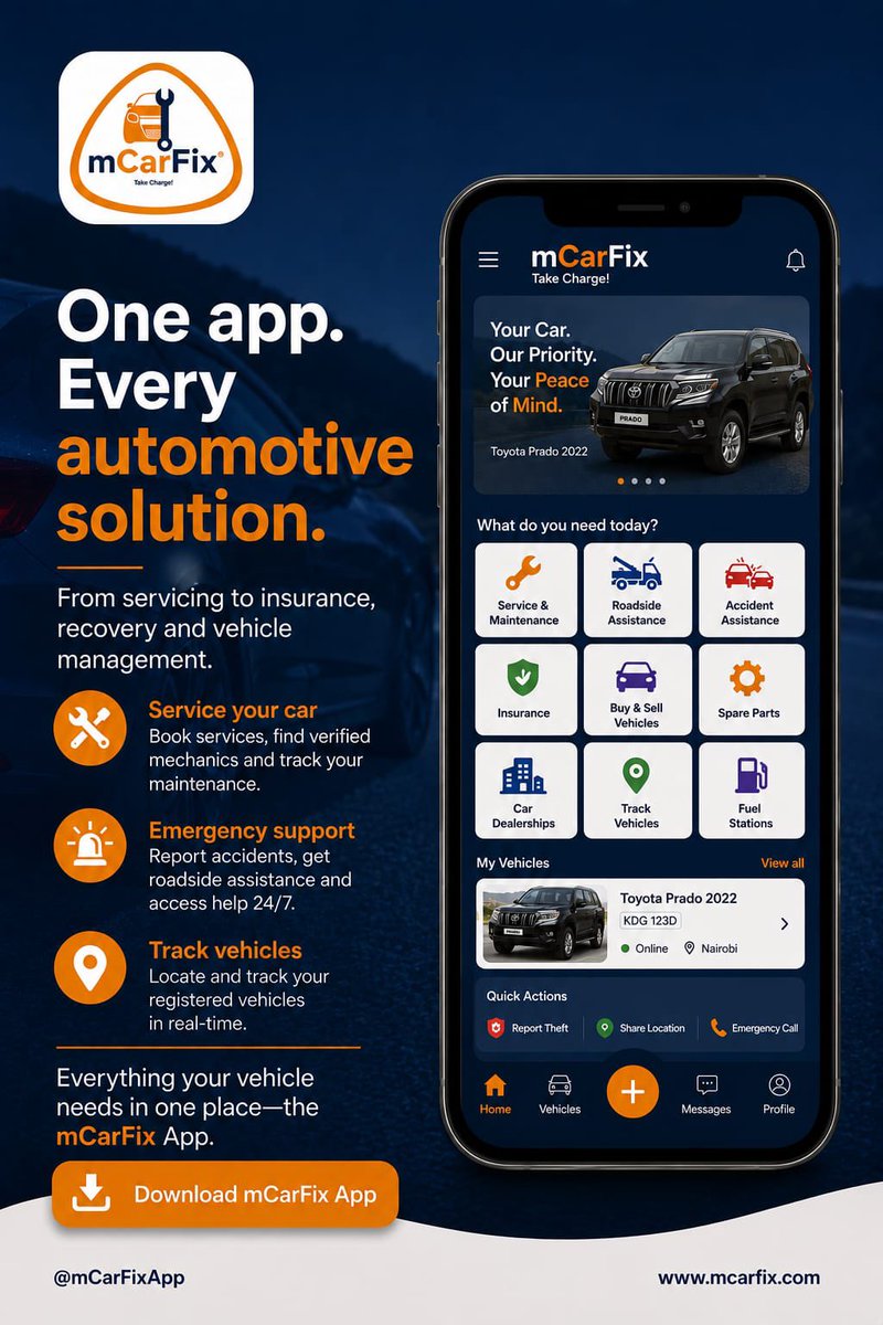 mCarFix_'s tweet photo. Why juggle multiple apps when mCarFix brings everything your vehicle needs into one place?

✅ Book vehicle servicing
✅ Find verified mechanics
✅ Access roadside &amp; accident assistance
✅ Track your vehicle in real time
✅ Connect with insurance providers
✅ Buy &amp; sell vehicles https://t.co/cyt5LOmaGP