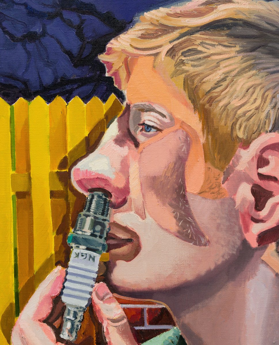 galeriefuchs's tweet photo. This is the final week of „Jakub Tomas. Notstromversorgung“ at Augustenstraße 63. Visit the exhibition today from 1 to 6 pm. 

Pictured here: Jakub Tomas, Spark plug, 2026, oil on canvas, 80 x 60 cm https://t.co/pAcZy3oQJb