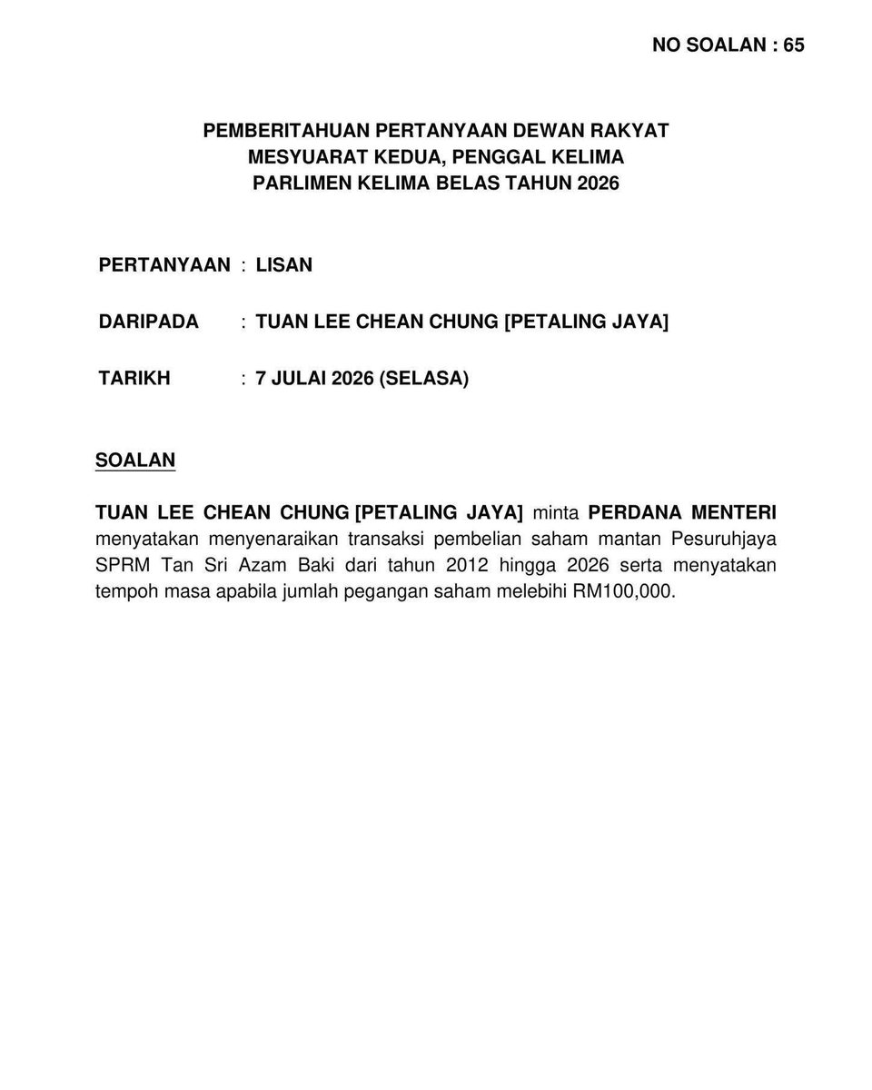 cheanchung's tweet photo. Jawapan ini jelas tidak meyakinkan rakyat.

Siasatan berhubung pegangan saham bekas Ketua Pesuruhjaya SPRM, Tan Sri Azam Baki, telah bermula sejak 13 Februari. Kini hampir lima bulan telah berlalu. Mengapa sehingga hari ini laporan siasatan itu masih tidak boleh didedahkan? https://t.co/l4PL1ZvydY