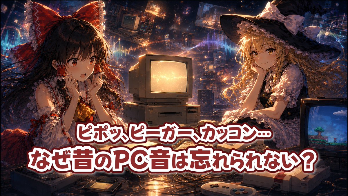 chtk999's tweet photo. ピポッ、ピーガー、カッコン……。

たった数秒の音なのに、
なぜ昔のPCやゲームの音は、今でも忘れられないのか？

PC-98の起動音。
FDDのガリガリ音。
モデムがネットへつながる時のピーガー音。
そして、HDDがカッコンと鳴った時の嫌な汗。

昔の機械は、今よりずっと騒がしかった。
でもその音で、機械の中で何が起きているのかを感じ取っていました。

今回は「なぜ昔のPC音は忘れられないのか？」を、記憶に刺さる機械音から解説します。

👉️あなたが一番覚えている機械の音は何ですか？

https://t.co/0LO9sXmouB
#ゆっくり解説 #よろずごとゆっくり解説ch #レトロPC #PC98 #昔のPC #ゲーム音楽 #パソコン