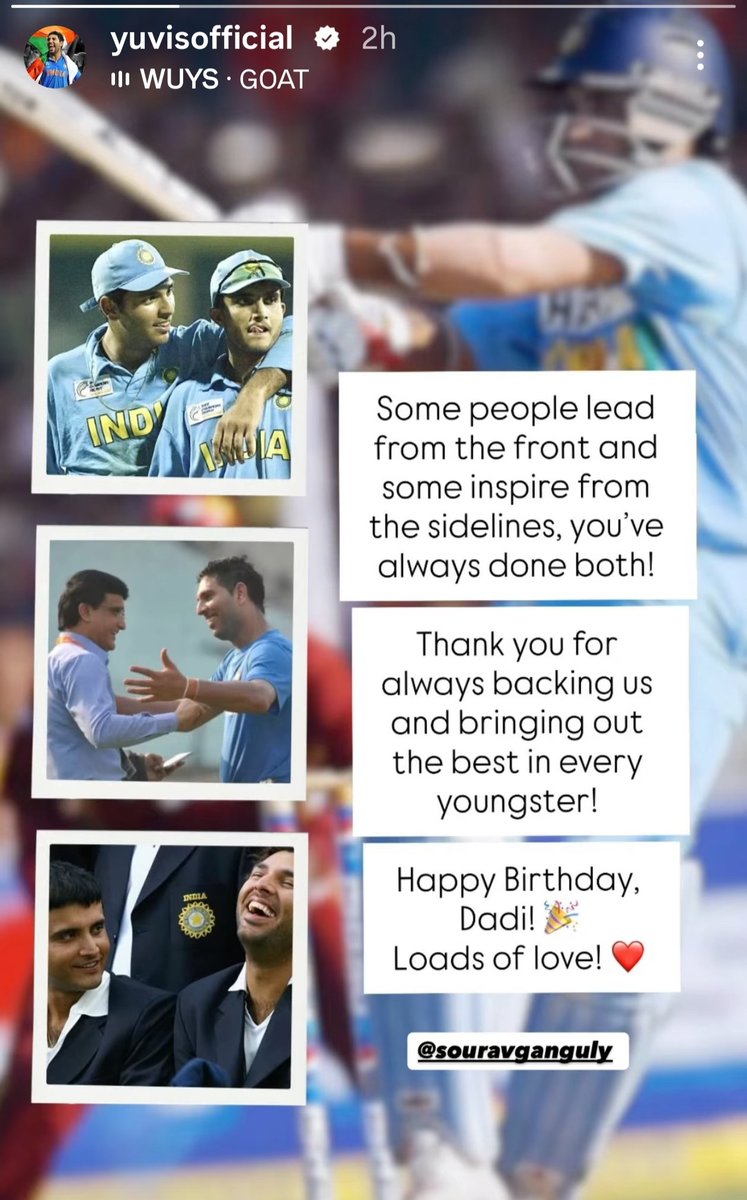 YuviCapital's tweet photo. Yuvraj Singh wishes Sourav Ganguly on his birthday through an Instagram story. ❤️

The bond between Dada and Yuvi will always be special. ❤️🥹 https://t.co/ERWY5dXMVg