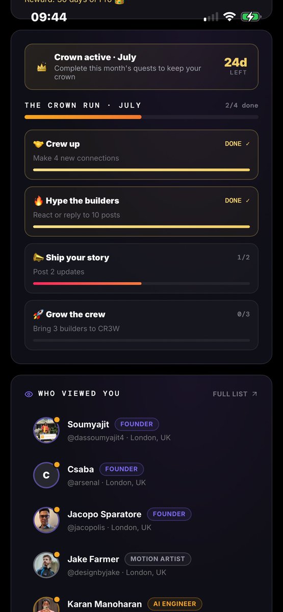 CR3WAPP's tweet photo. New CR3W dashboard is live 👑

On CR3W, status isn’t something you buy. It’s something you earn.

Connect with builders.
Reply to people.
Share what you’re working on.
Invite good people in.

The more you show up, the more you unlock.

The feed is there to help people discover what you’re building — but CR3W is really about the people you meet through it.
