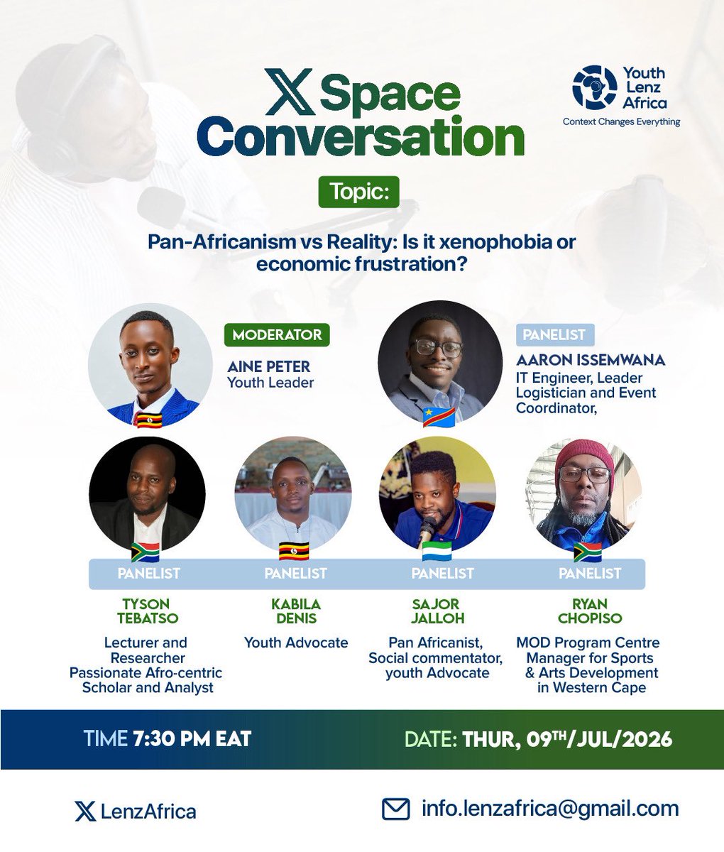 KabilaDenis1's tweet photo. Whatever affects Africa affects us, the youth, the most.

This Thursday, 9 July 2026, I will join fellow leaders from across Africa for an X Space conversation on:

Pan-Africanism vs Reality: Is it xenophobia or economic frustration? 

Join us at 7:30 PM EAT
#PanAfricanism https://t.co/J6uOXA3Dfp