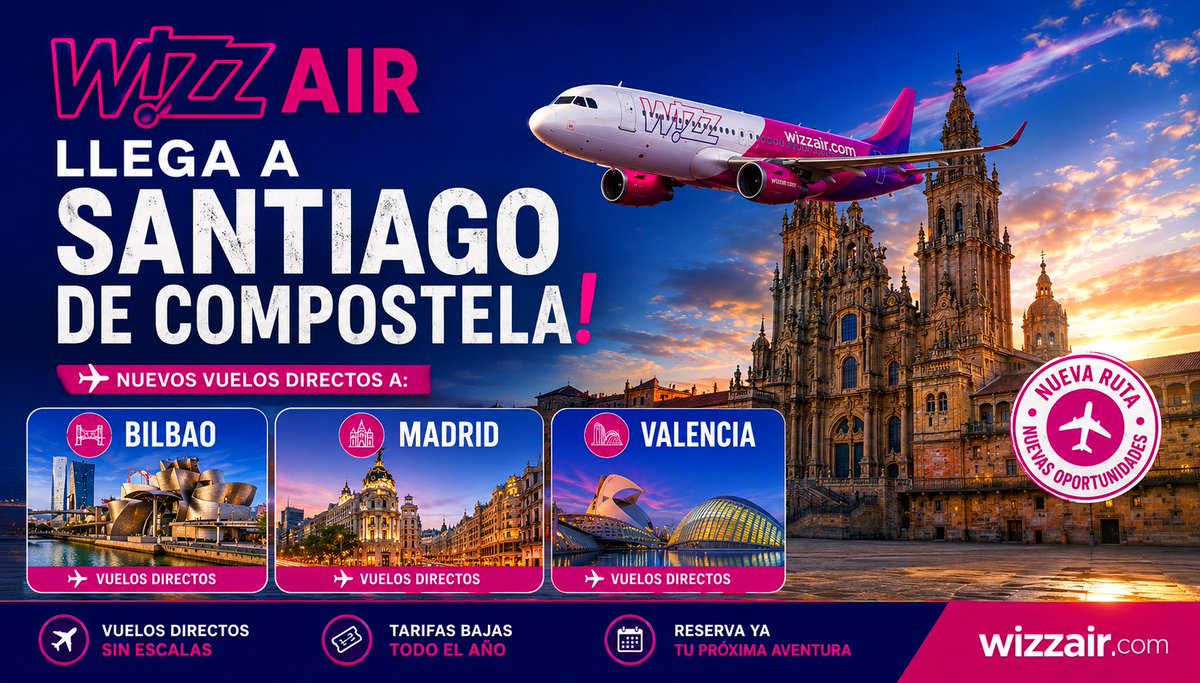 infoSCQ's tweet photo. 💜 la low cost @wizzair anuncia su inicio de operaciones en el #aeropuerto de Santiago de Compostela el próximo mes de noviembre con 3 rutas directas:

✈️ Bilbao
✈️ Madrid
✈️ Valencia

Ya a la venta desde 29€ trayecto!

#Galicia #turismo #Wizzair #SCQ #viajar #Aena https://t.co/KtvhFJYapl