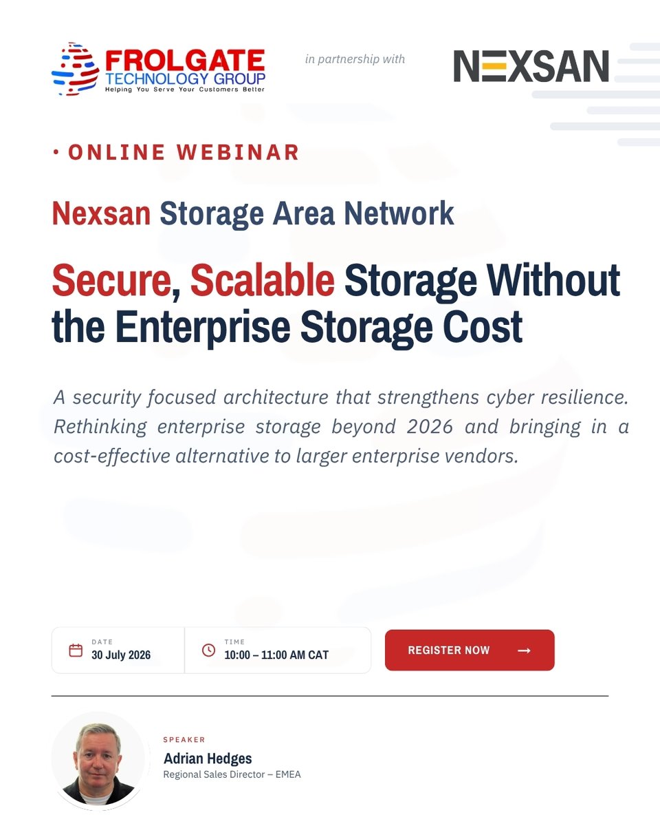 frolgate's tweet photo. Upcoming Webinar

Join Frolgate Technology Group, in partnership with Nexsan, for a live webinar:
Nexsan Storage Area Network-Secure, Scalable Storage Without the Enterprise Storage Cost.

A security focused architecture that strengthens cyber resilience. Rethinking enterprise storage beyond 2026 and bringing in a cost-effective alternative to larger enterprise vendors.

What you'll take away:
✅ How to cut storage costs without cutting protection
✅ Immutable, ransomware-resilient storage that safeguards your backups
✅ Scaling from terabytes to petabytes on a single platform

🎙 Speaker: Adrian Hedges, Regional Sales Director – EMEA, Nexsan

📅 30 July 2026
🕙 10:00 – 11:00 AM CAT
📍 Teams

Register now: https://t.co/nwaMYWPyJu

Rethink enterprise storage beyond 2026.

#Nexsan #frolgatetechnologygroup #enterprisestorage #cyberresilience #datastorage #ransomware #SAN #ITinfrastructure