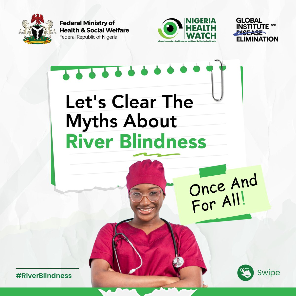 nighealthwatch's tweet photo. Still hearing myths about River Blindness? Let's clear them up once and for all! 

Misinformation stops people from getting the treatment that could save their sight. Every myth we bust is a step closer to eliminating this disease.

Save this and send it to your family group. Fight misinformation with facts.
#RiverBlindnessNG @Fmohnigeria