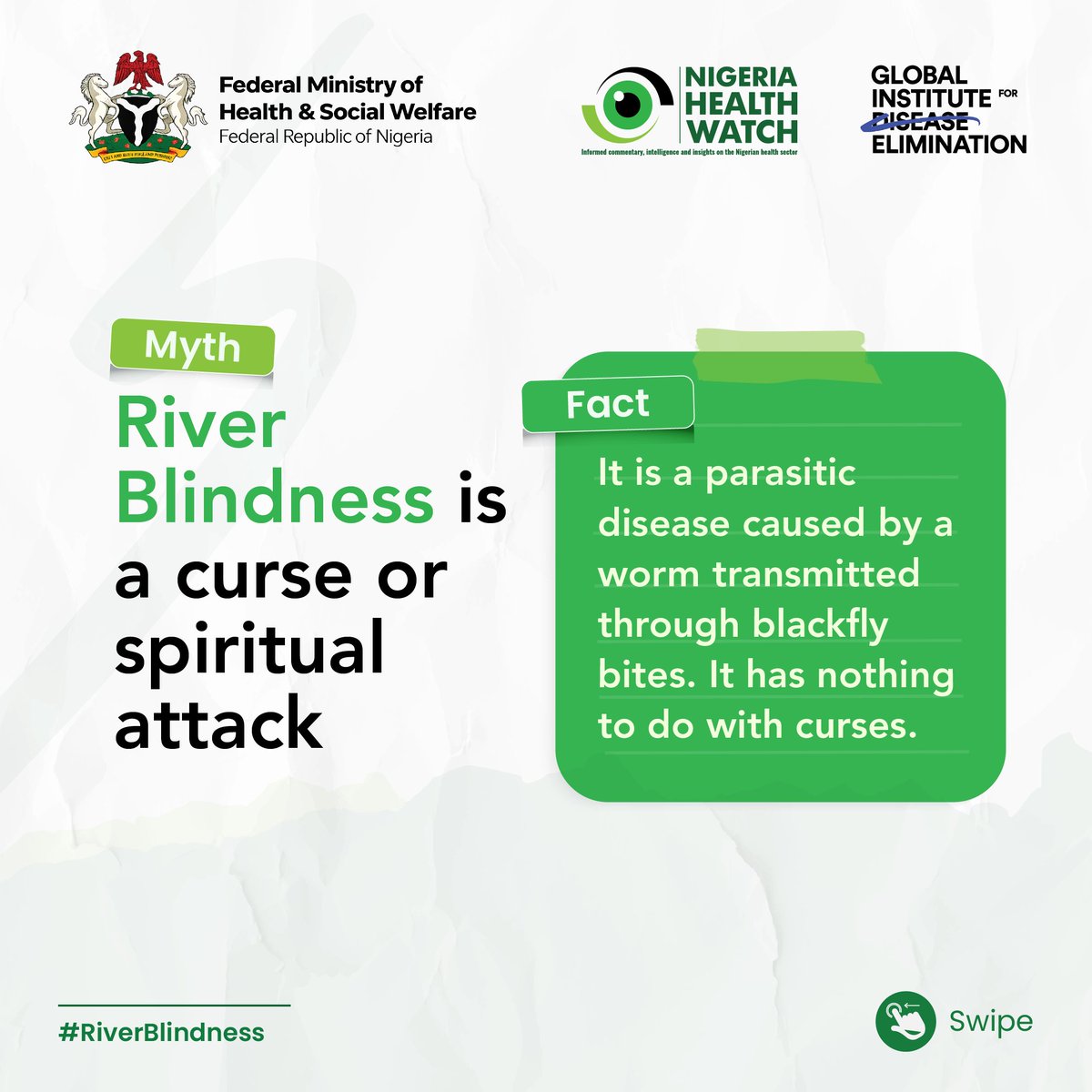 nighealthwatch's tweet photo. Still hearing myths about River Blindness? Let's clear them up once and for all! 

Misinformation stops people from getting the treatment that could save their sight. Every myth we bust is a step closer to eliminating this disease.

Save this and send it to your family group. Fight misinformation with facts.
#RiverBlindnessNG @Fmohnigeria